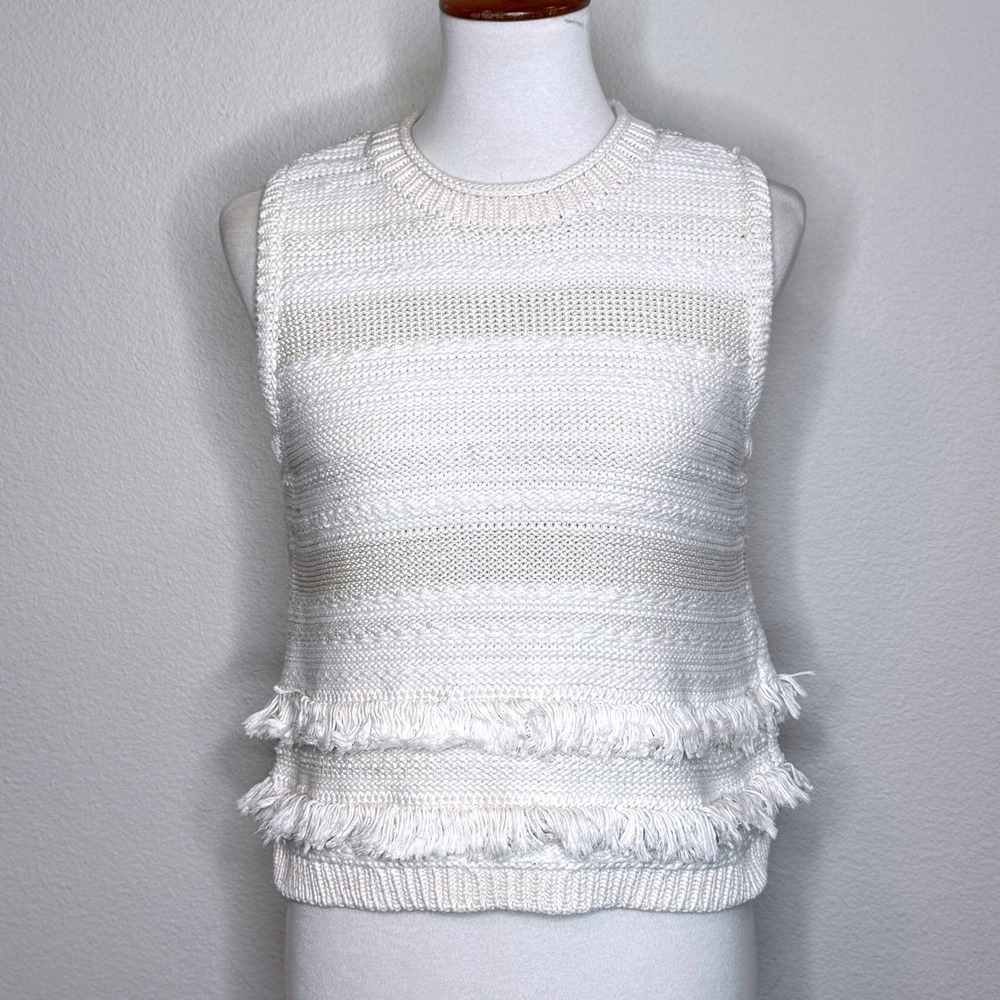 CLUB MONACO Sweater Vest LG Cream Ivory Fringe Rolled Crewneck Cotton Minimalist